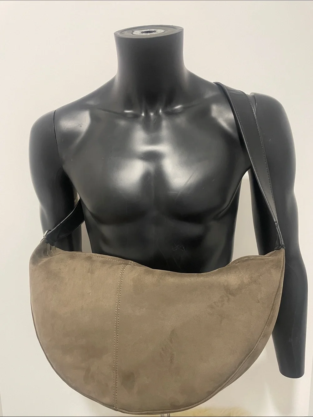 Zara Taupe Suede Crescent Messenger Bag with Black Strap